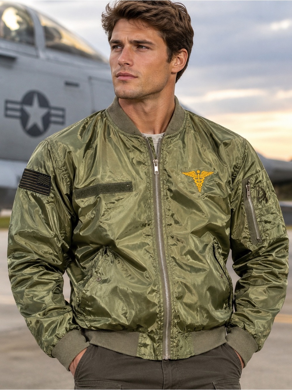 MA-1 Flight Bomber Jacket Mens Size M Olive Green Patch Full Zip